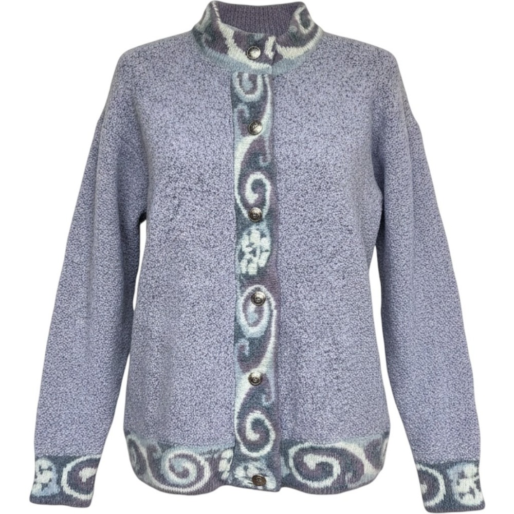 Harley of Scotland Wool Cardigan Blue Gray Fair Isle Geometric Silver Buttons‎